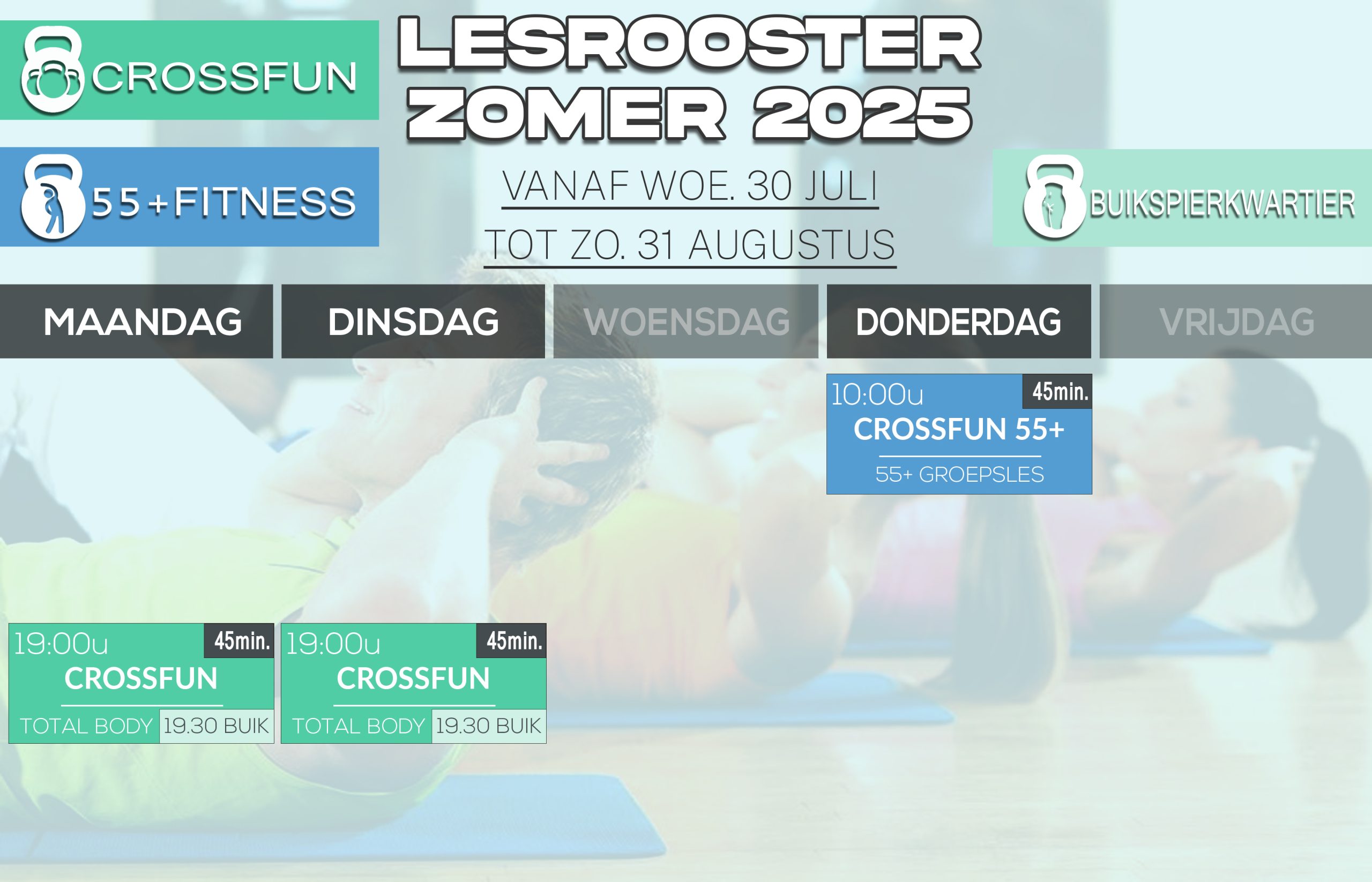 Lesrooster groepslessen zomerperiode
